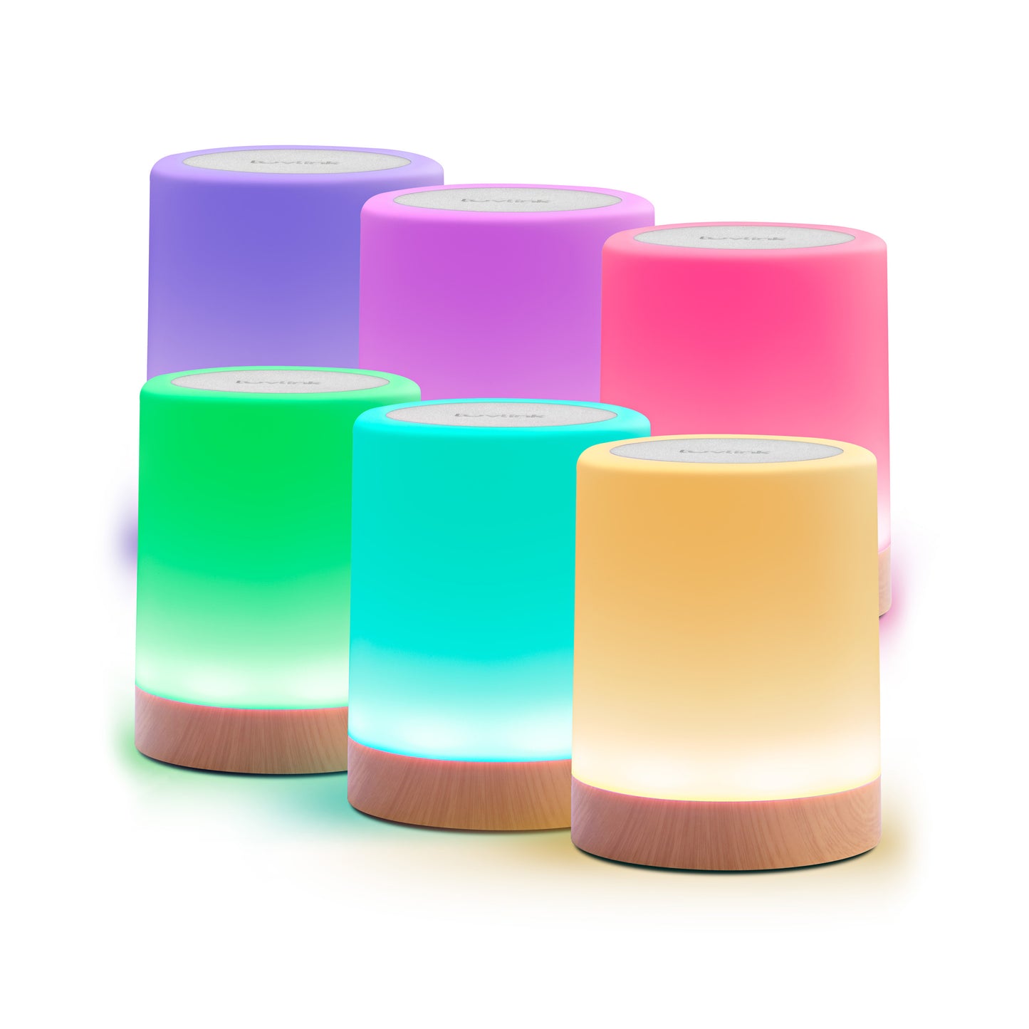 Six colorful touch lamps with glowing LED lights in purple, pink, red, green, cyan, and yellow displayed together.