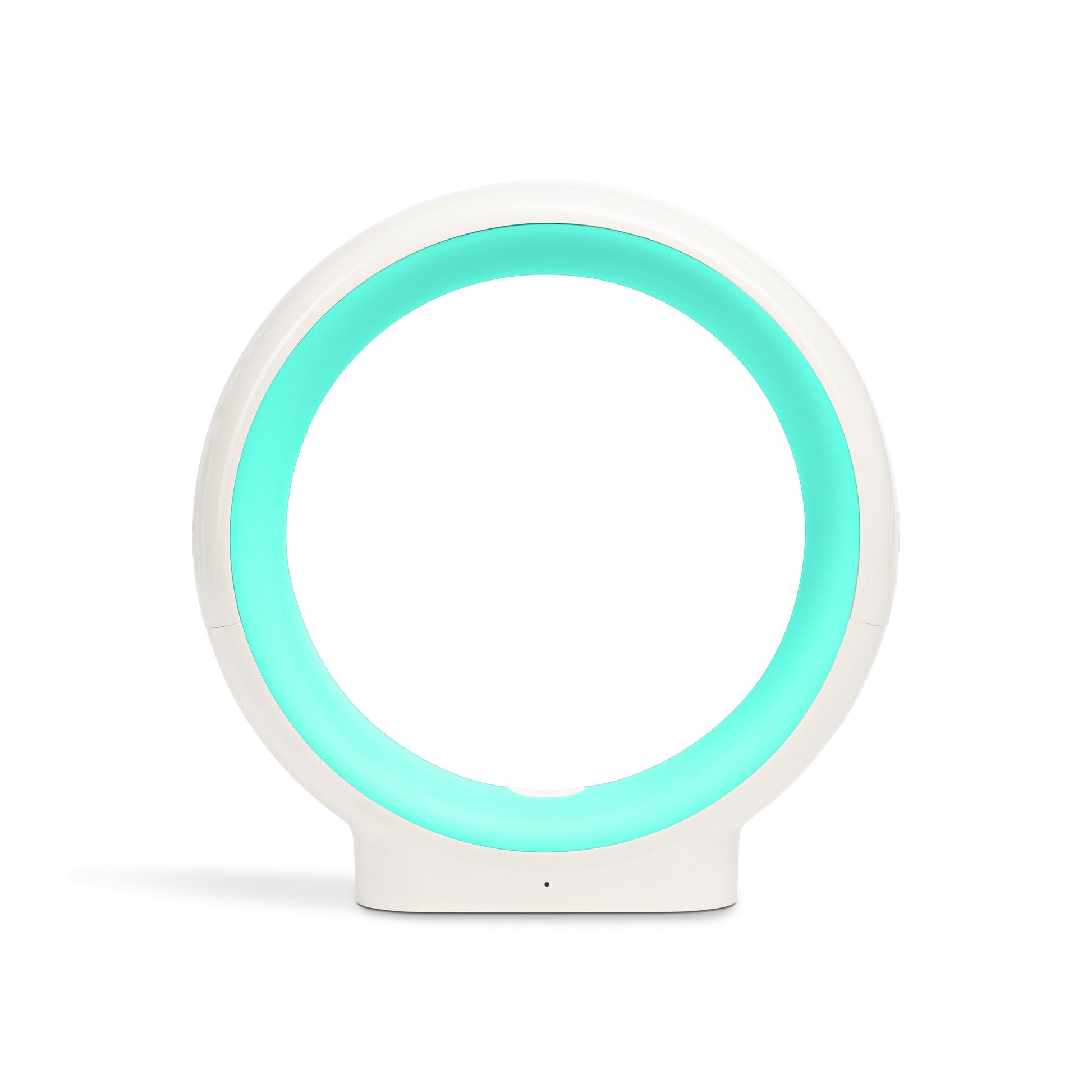 LuvLink Infinity friendship lamp glowing turquoise, standing upright with white base and illuminated circular ring design.
