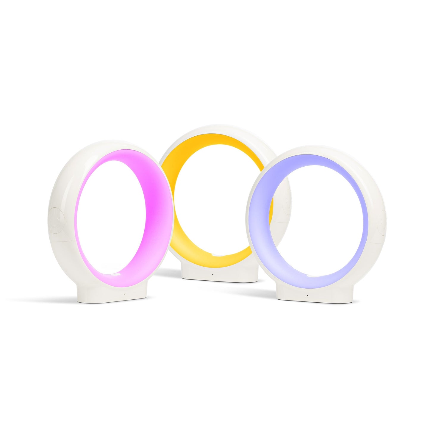 Three white oval LuvLink Infinity friendship lamps glowing in magenta, yellow, and blue against a white background.