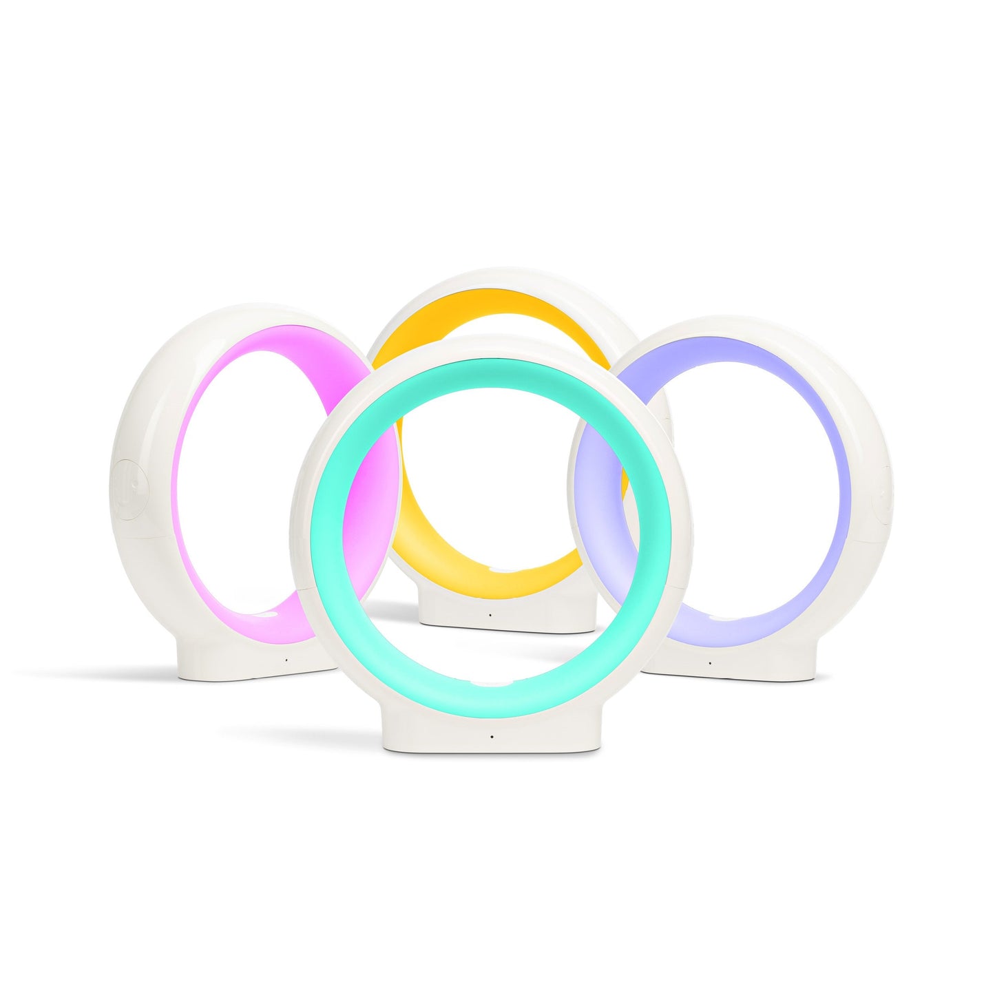 Five glowing circular lamps with white bases in pink, cyan, yellow, and purple colors arranged together, showcasing the LuvLink Infinity friendship lamp.
