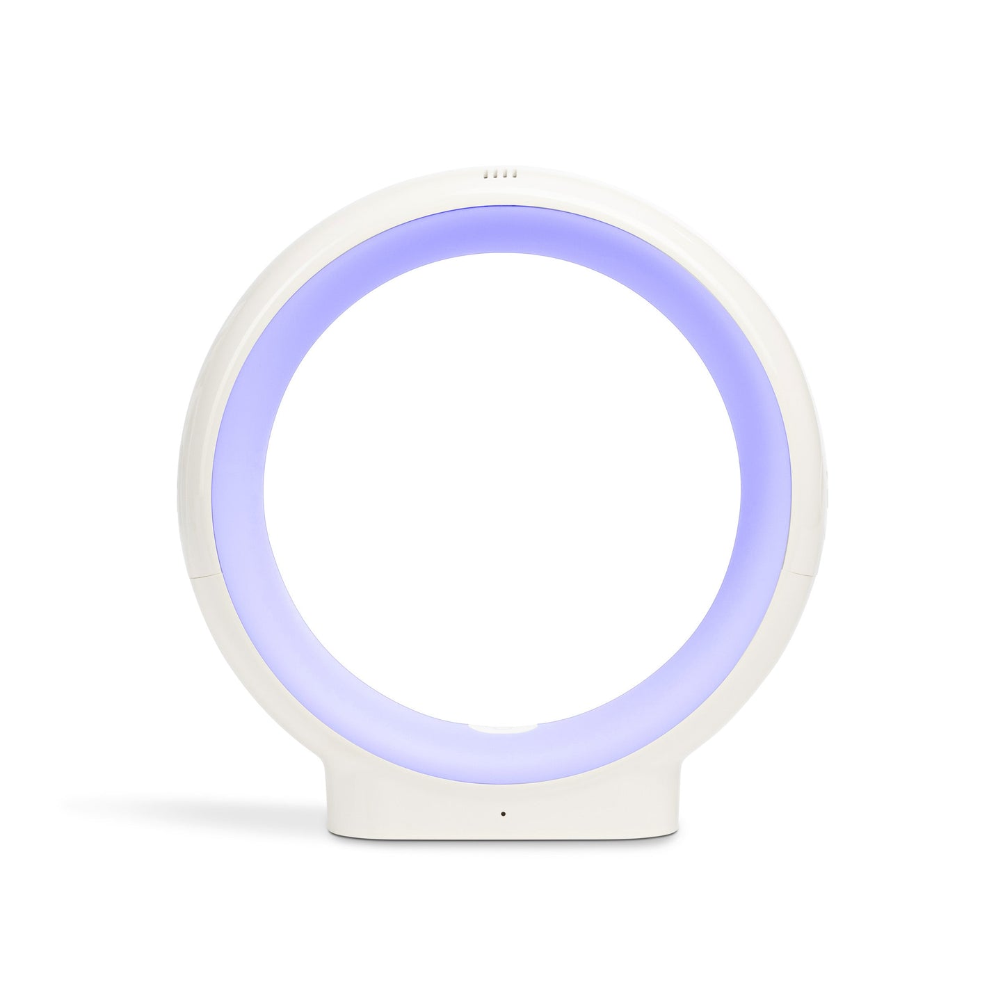 LuvLink Infinity Lamp glowing with soft blue light, a circular white friendship lamp on a white background.