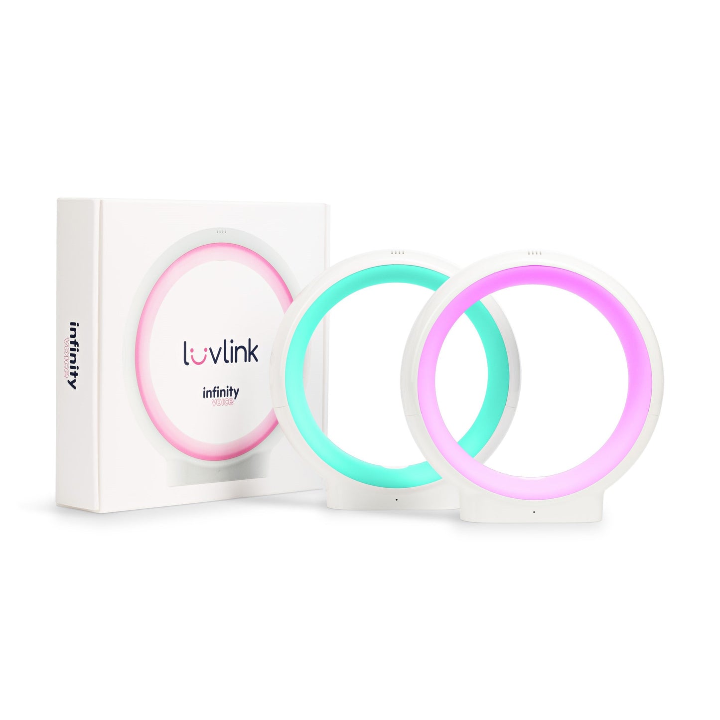 LuvLink Infinity friendship lamps in pink, turquoise, and magenta displayed with product packaging, showing connected circular light rings.