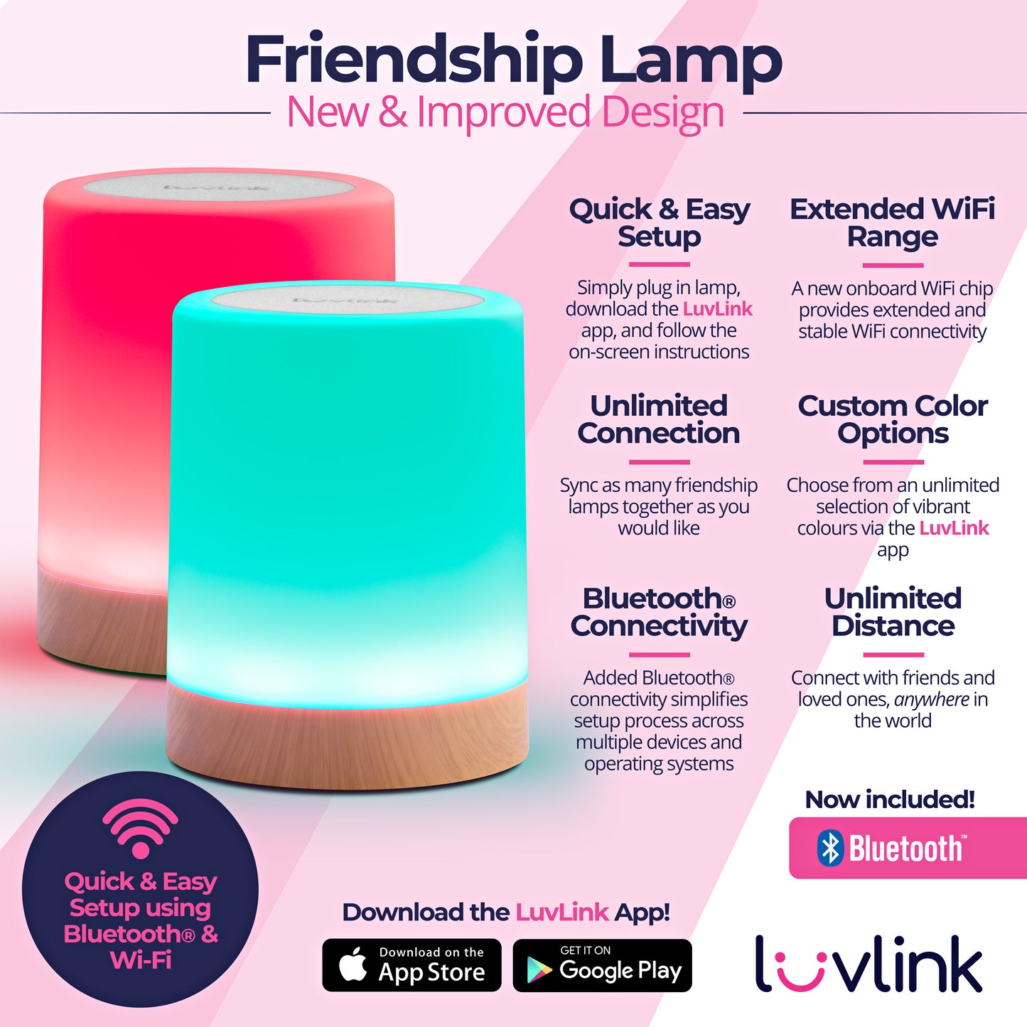 Two illuminated LuvLink Friendship Lamps in pink and turquoise with product features and setup information displayed on a pink background.