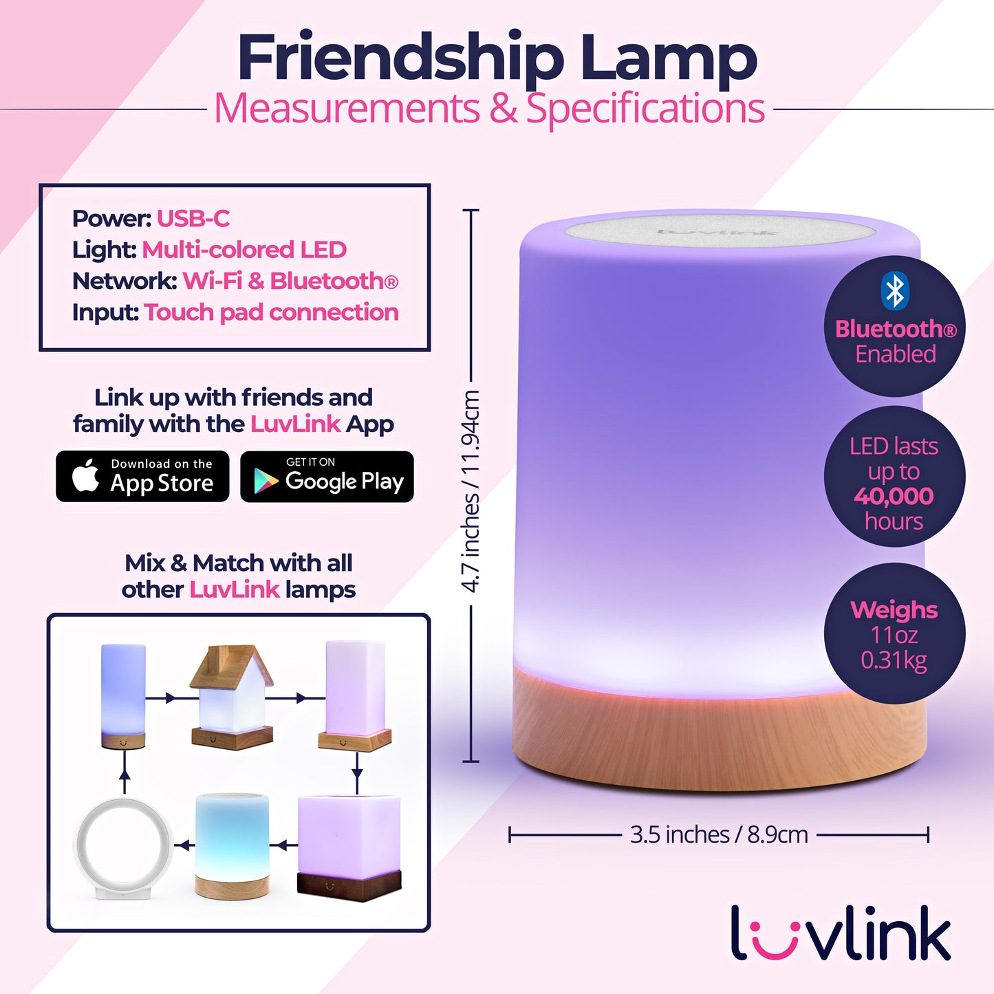 Friendship Lamp specifications showing dimensions, weight, battery life, and connectivity features alongside product images and compatibility details.
