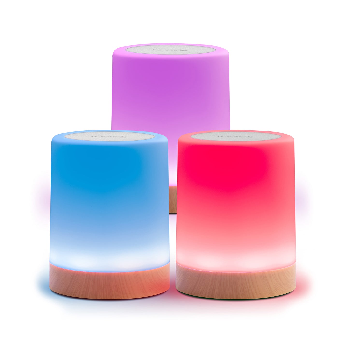 Three illuminated cylindrical touch lamps with wooden bases glowing in blue, pink, and purple colors.