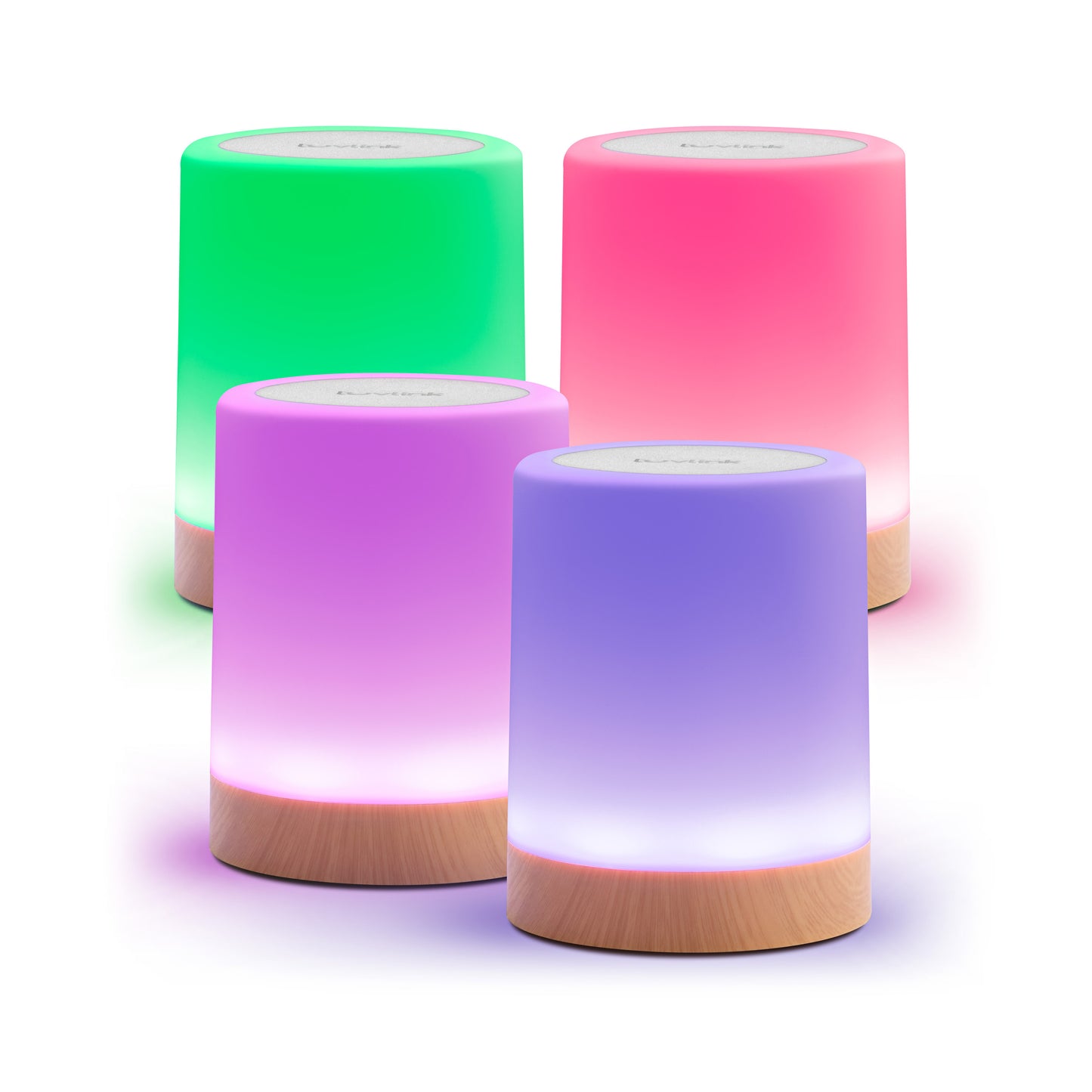 Four illuminated touch lamps with gradient colors glowing in green, pink, purple, and blue against a wooden base.