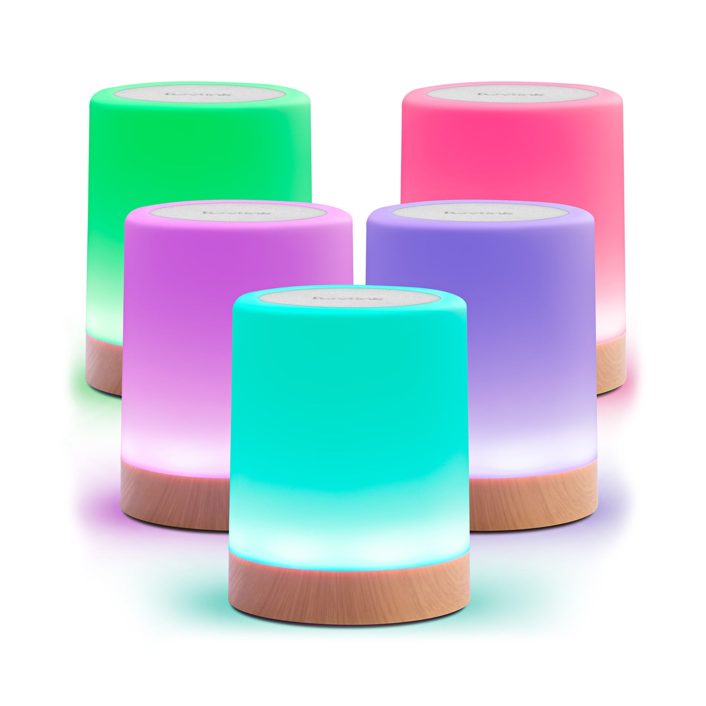 Five colorful LuvLink Friendship Lamps with glowing LED bases in green, pink, purple, and cyan, displayed against a white background.