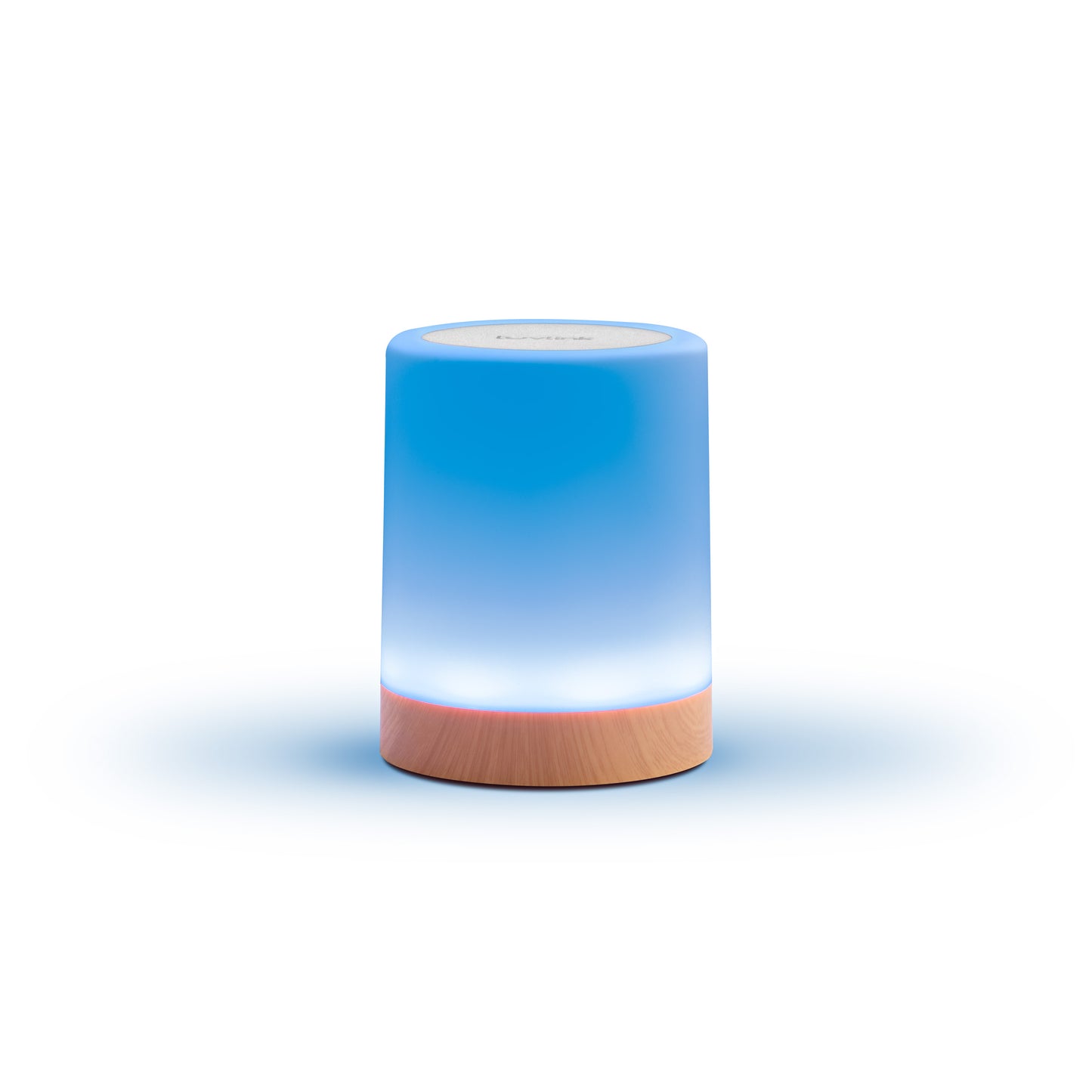 LuvLink Friendship Lamp glowing with blue and warm light, wooden base on white background