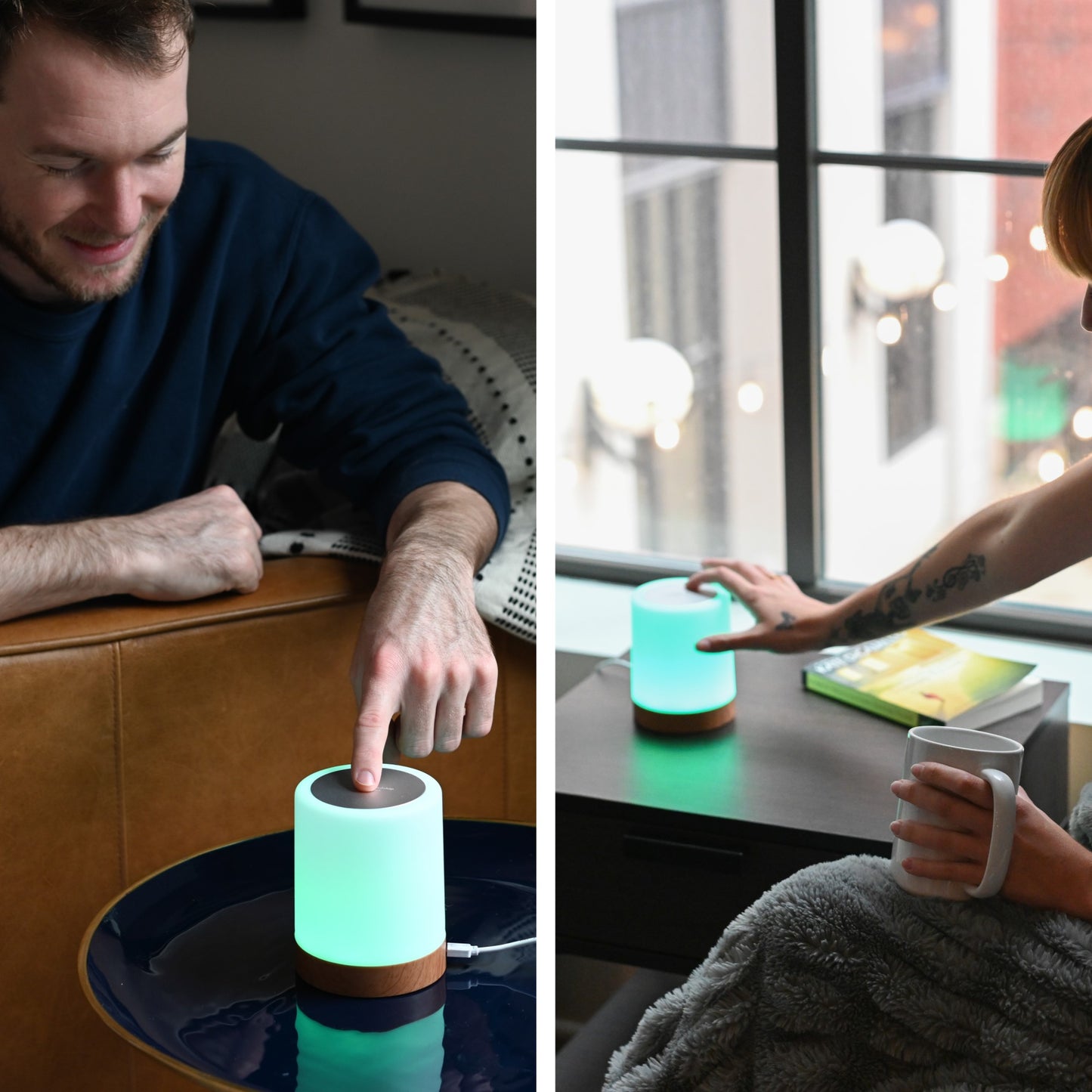 Two people in separate locations touch glowing turquoise LuvLink Friendship Lamps that illuminate to connect them across the distance.